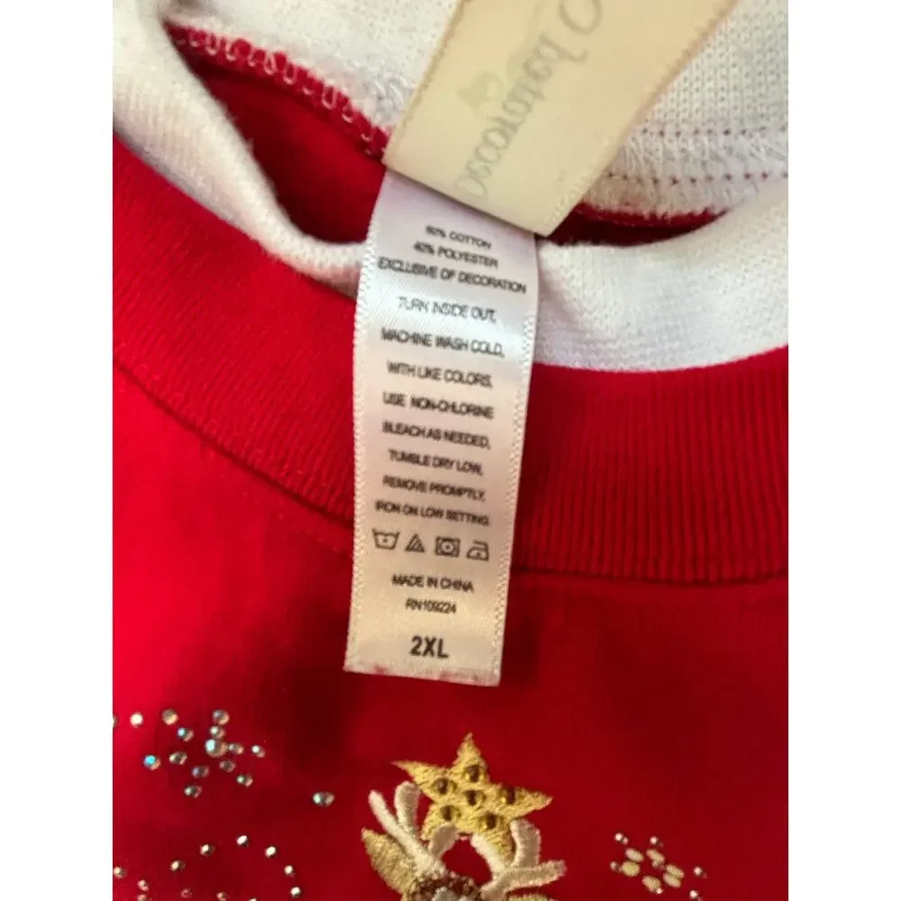 Ugly Christmas Sweater Party Sweatshirt Womens 2XL Red Reindeer Tree Decorated